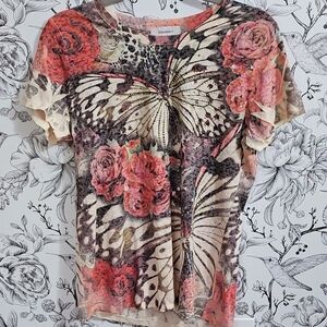 Dress Barn Short Sleeve Burnout Top - Pink and Black Floral Butterfly